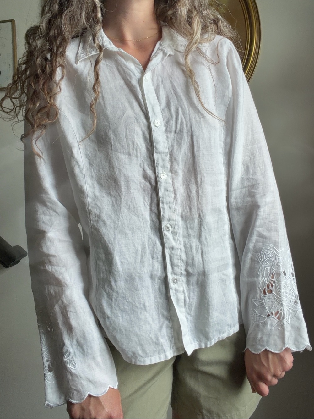 Liz Claiborne White Button-Down Shirt with Lace Emboidered Cuffs